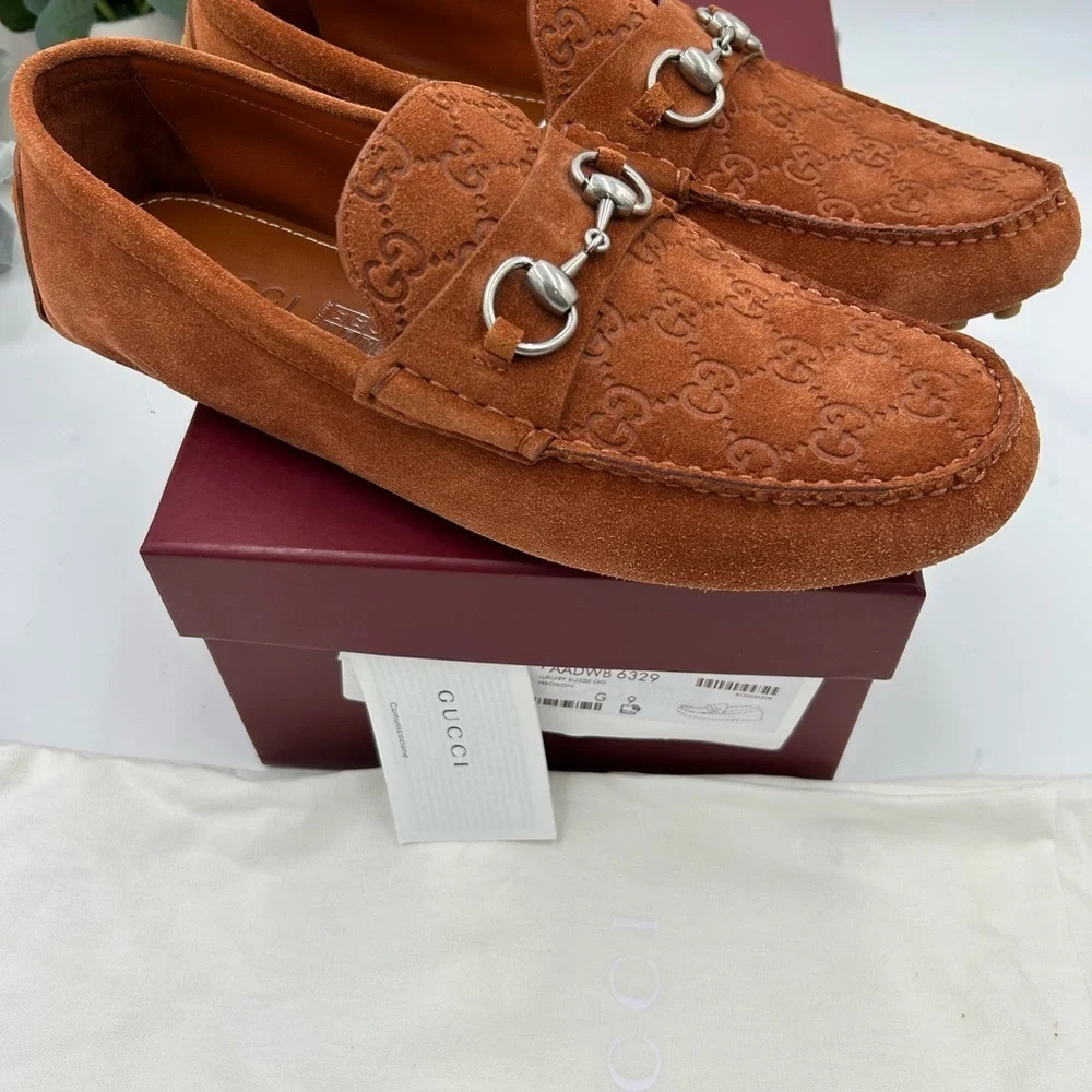 Men's Gucci horse bit suede GG loafers size 9 fits 10 US made in Italy